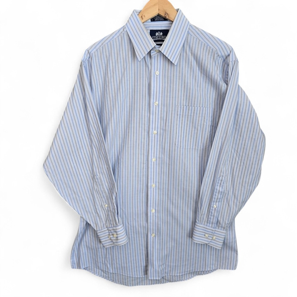 Stafford Dress Shirt Mens 16.5 32/33 Blue Striped Button Up Fitted Broadcloth